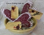 3 Primitive Valentine Heart Bowl Fillers, Layered Fabric,  Ticking and Red Calico, With Paper Hang Tags, Country Heart Pin Keeps