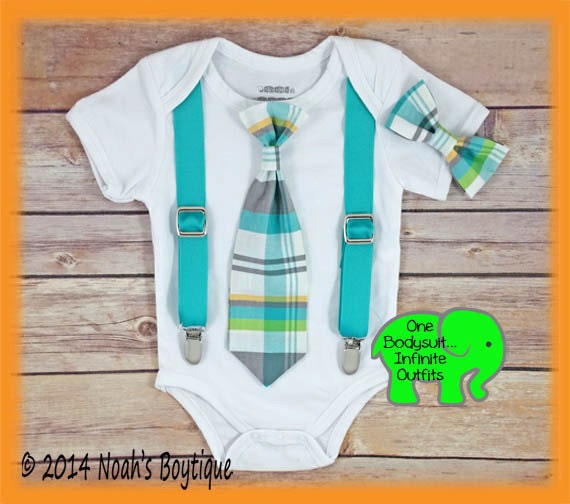 Baby Boy Outfit - Plaid Tie Teal and Grey - Little Man Outfit - Spring Wedding Baby - Trendy Baby - Preppy Baby Clothes - Easter Boy by NoahsBoytiques