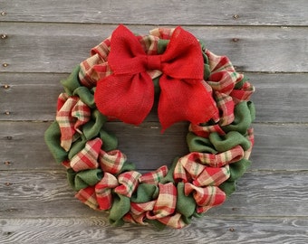 Plaid Burlap Christmas Wreath, Plaid Burlap Wreath, Christmas Burlap Wreath, Holiday Wreath, Christmas Decor, Rustic Wreath, Wreaths