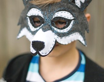 Wolf Mask Handmade Felt Embroidered Details--Halloween Children Photography Prop Animal Costume