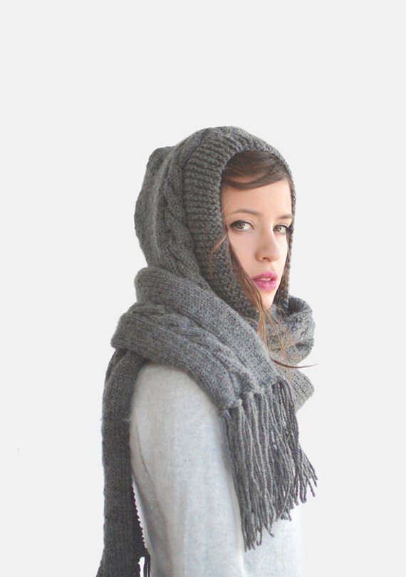 Huge  Fringe  Hooded hooded Scoodie, instructions Unisex Grey Chunky Scarf, Knit scarf Scarf, knit