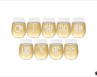 NINE Custom Engraved Wine Glasses, SHIPS FAST, Etched Monogram Wine Glasses, Personalized Stemless Wine Glasses, Monogrammed Wine Glasses