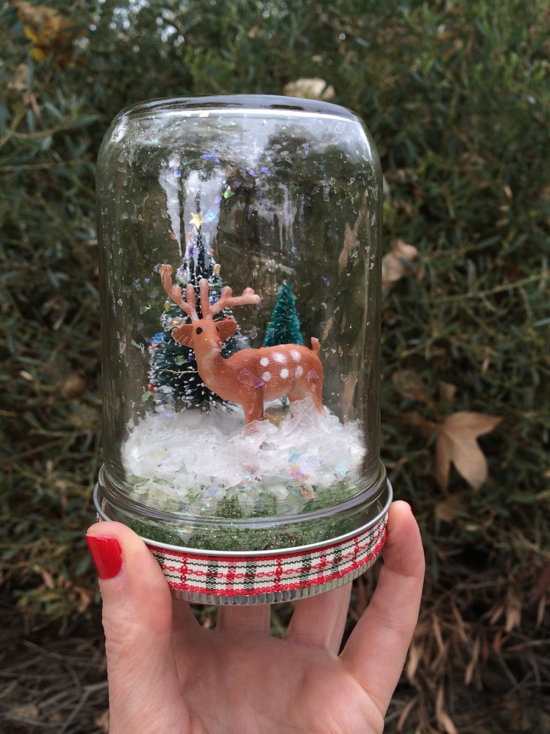 Mason Jar Snow Globe | Christmas, Winter Decoration, Water-less, Deer, Trees, Snow, Mason Jar