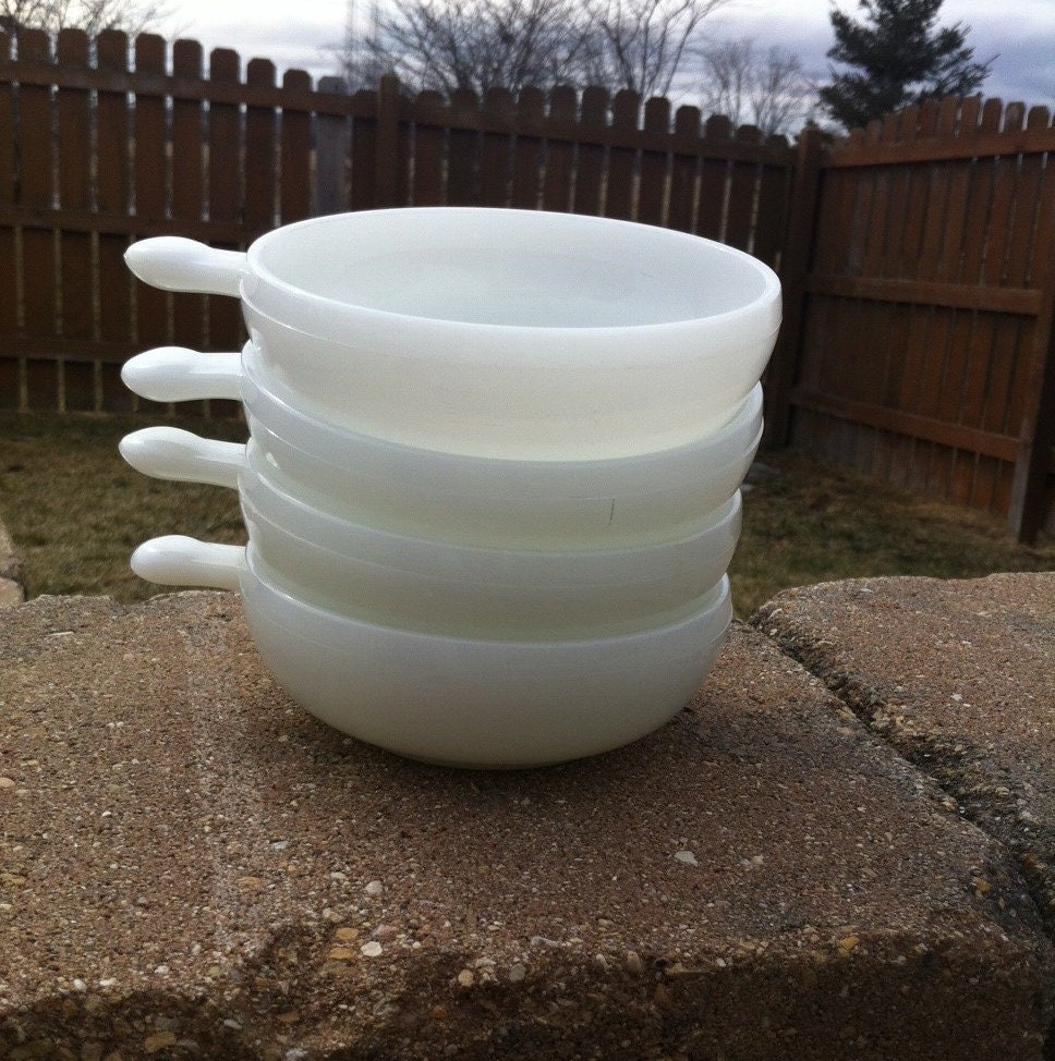 glasbake vintage milk glass soup bowl with a handle. priced