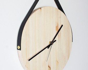 Hanging Wooden Leather Wall Clock
