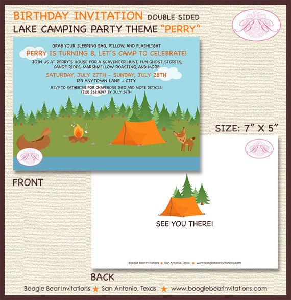 Lake Camping Birthday Party Invitation Forest Swimming Campfire Girl ...