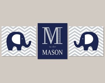 Elephant Nursery Decor Elephant Prints Boy Nursery Decor Navy Gray Nursery Chevron Monogram Initial Baby Animal Set of 3 Prints Or Canvas