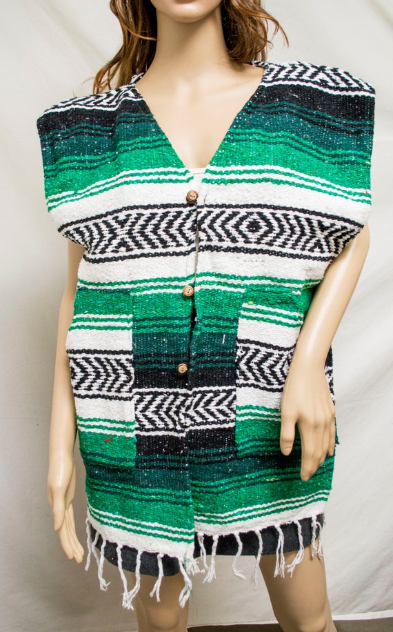 Mexican blanket Vest Green Black White Fringed Top