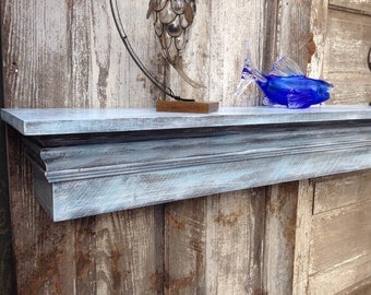 Floating Fireplace Mantle Shelf with Extra Wide Shelf, Distressed Blue Shelf