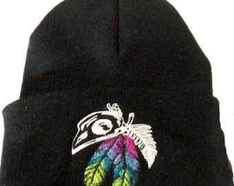 Raven Skull With Feathers Winter Beanie Hat Wiccan Goth Pagan Urban ...