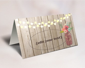 Place Cards Printable, Wedding Place Cards, Wedding Name Cards, Rustic Mason jar Place Card, Folded Editable Place Cards, Wedding Tent Cards