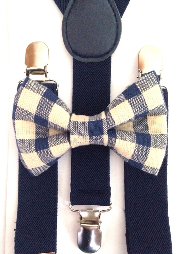 Tan Suspenders and Navy Blue Plaid Bow Tie