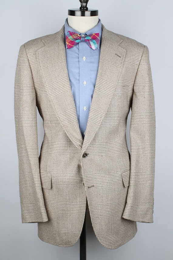 Beige Plaid Mens Tweed Jacket Racquet Club Vintage Tan 44 L