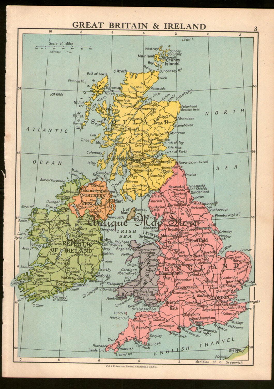 Medium Map of GREAT BRITAIN IRELAND 1950s atlas antique map