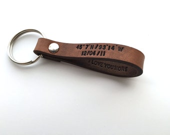 Custom Leather Keychain, Personalized Leather Keychain, Coordinates Key Ring, Latitude Longitude GPS Key Fob, Monogram Engraved Keychain