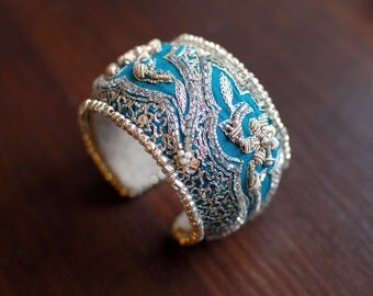 Recycled embroidery bohemian teal and silver cuff