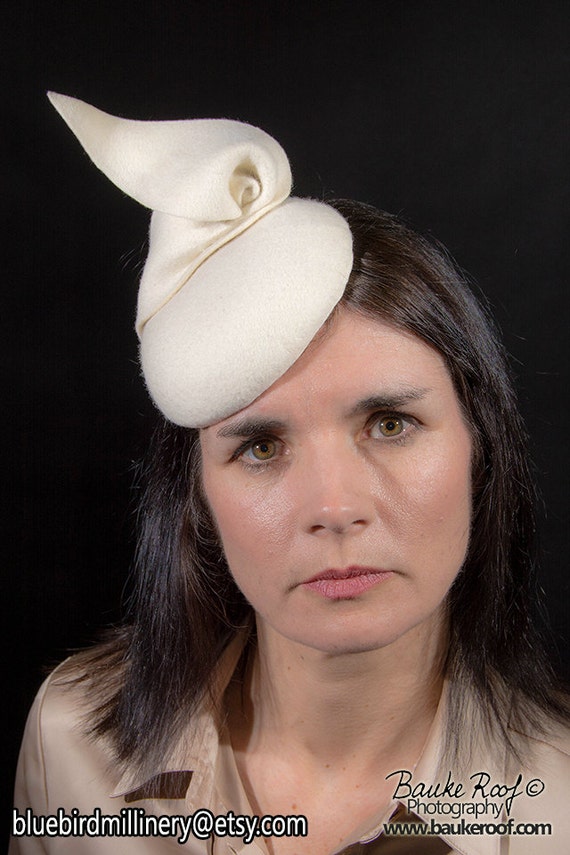 IRENE ivory felt mini button hat with fluid by BluebirdMillinery