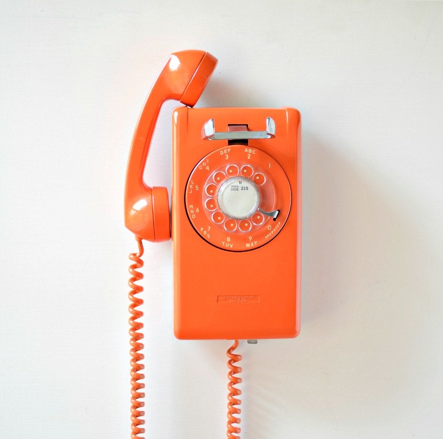 Vintage rotary dial wall mount telephone orange rotary wall