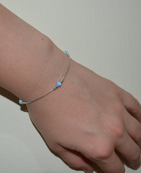 Opal Bracelet, Tiny Blue Opal Dot Bracelet, simple dainty coin/circle silver bracelet, minimalist pendant bracelet, opal jewelry