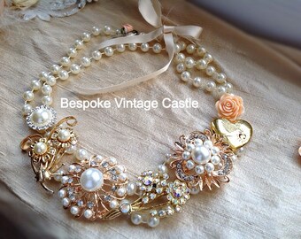 Rouen Gold Necklace, vintage necklace, vintage brooches, pearl necklace, steampunk, Victoriana necklace,statement piece, accessories,