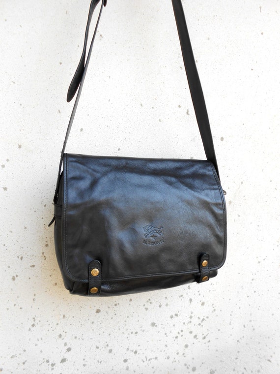Vintage IL BISONTE Black Leather Messenger Crossbody Bag