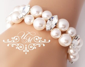 Wedding Jewelry Double strands Swarovski Pearl Bracelet Swarovski Crystal Bracelet Bridal Bracelet Bridesmaids Bracelet - EDITH