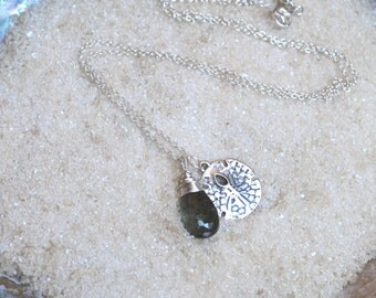 Sterling Silver Wire Wrapped Moss Aquamarine and Sand Dollar Necklace