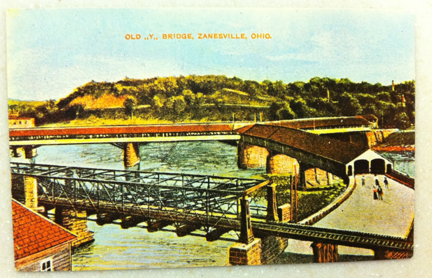 Vintage Ohio Postcard Zanesville Ohio Old Y Bridge