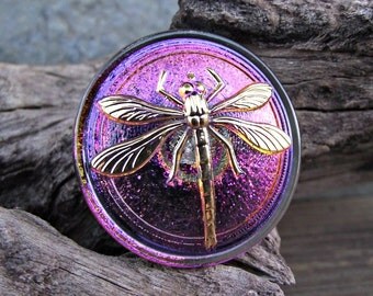 31mm Blue Purple Dragonfly Button Czech Glass 24K Gold BC-59,dragonfly button,czech glass button,glass dragonfly,purple dragonfly,
