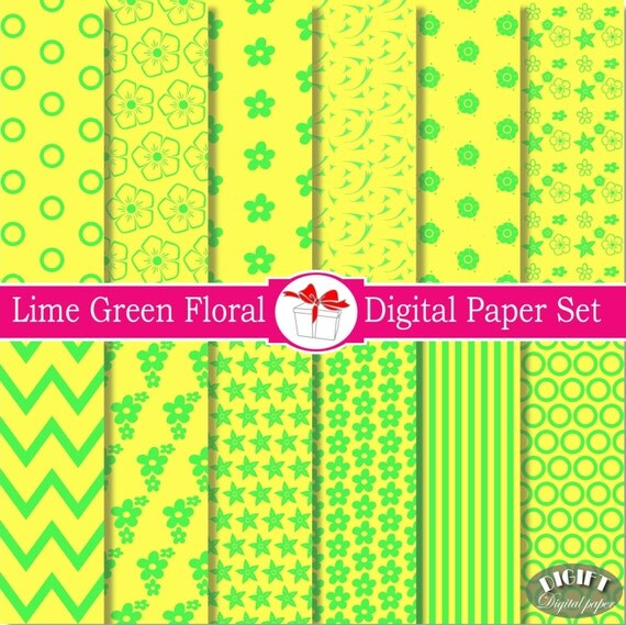 Lime Green flower Digital paper Floral Digital Paper Green and Yellow Flower Scrapbook Floral Design Floral decal flower decor Floral fabric