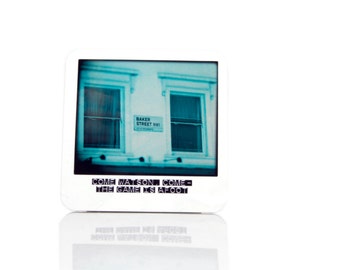 Sherlock Holmes Coaster in style of Vintage Polaroid featuring Quote and Photograph of 221b Baker Street