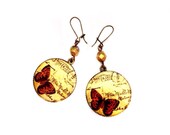 Vintage inspired Romantic / Butterfly / letters / flowers / Vintage print / Glass beades / Dangle Statement Earrings