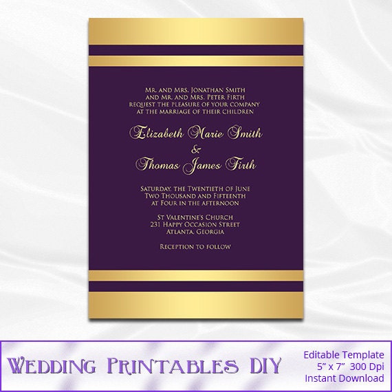 Purple and Gold Wedding Invitation Template Gold Foil Stripe