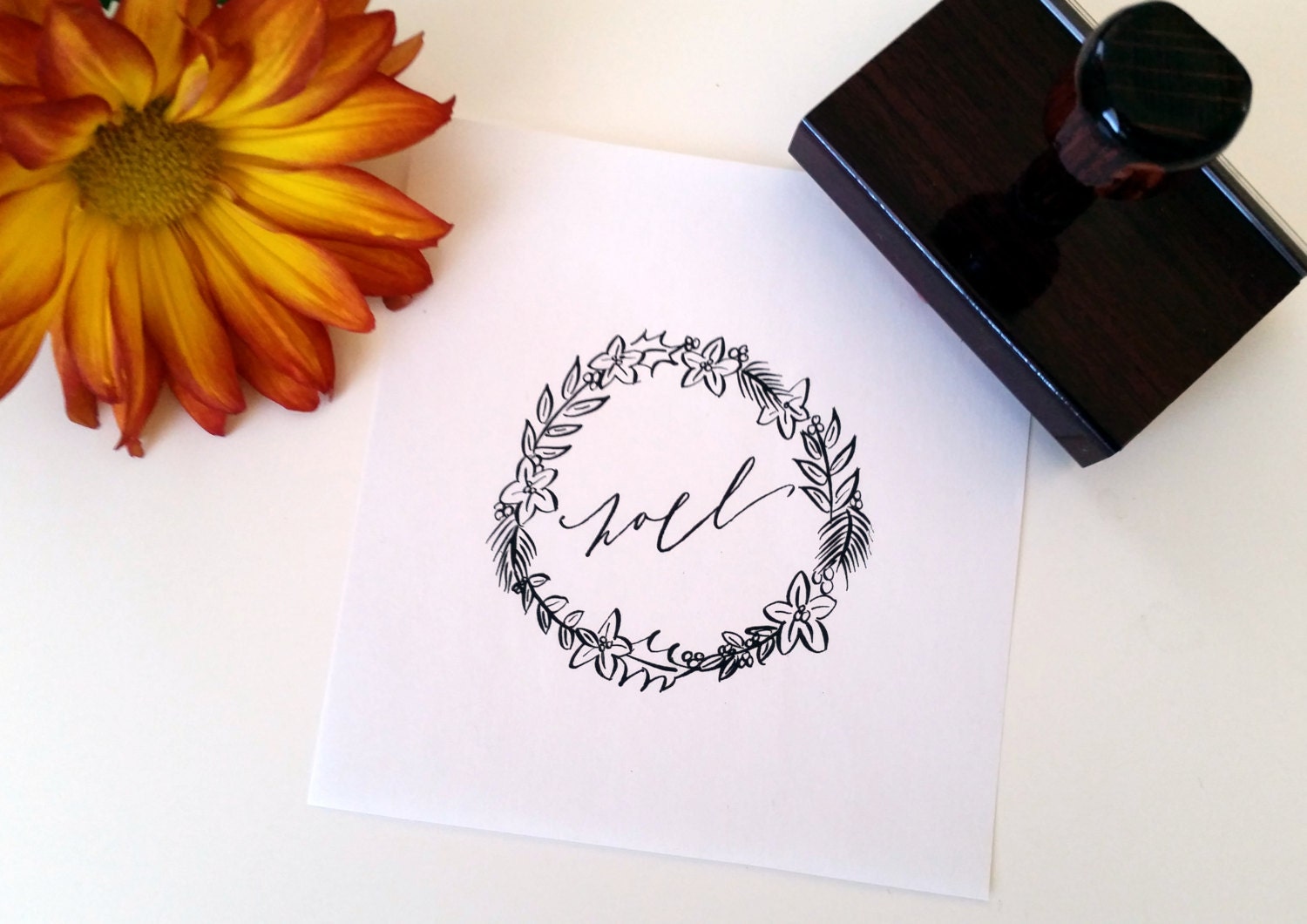 Hand Calligraphy Wreath "Noel" Rubber Stamp