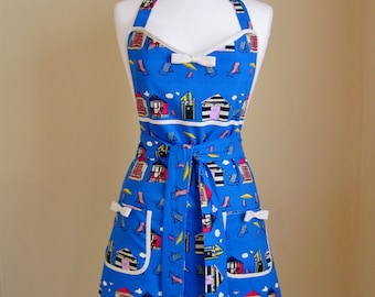 1950s Style Apron / Retro Apron / Vintage Style Apron / Beach Hut Apron / Blue Apron / Seaside Apron / Womens Apron / Handmade Apron