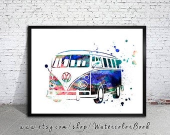 Volkswagen Vw Van Bus 2 Watercolor Print, watercolor painting ...