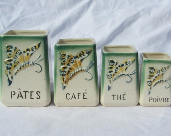 French vintage, set of decorative kitchen canisters, small ceramic canisters, kitchen containers, French farmhouse chic, French dresser,