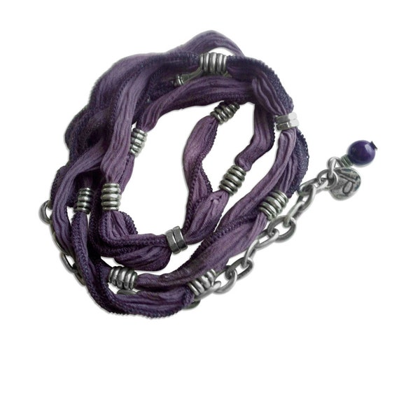 Beaded Silk Wrap Bracelet and Necklace with pewter beads in an