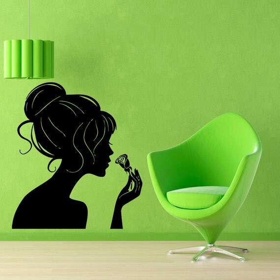 Girl Hair Wall Decals Woman Smelling A Rose Beauty Salon Wall