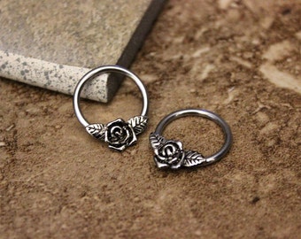 Daith Piercing,Nipple Ring Hoop,Conch Hoop,Helix Hoop,Cartilage Hoop,Septum Ring,Rose Flower 316L Surgical Steel CBR 14G 16G, Sold Single