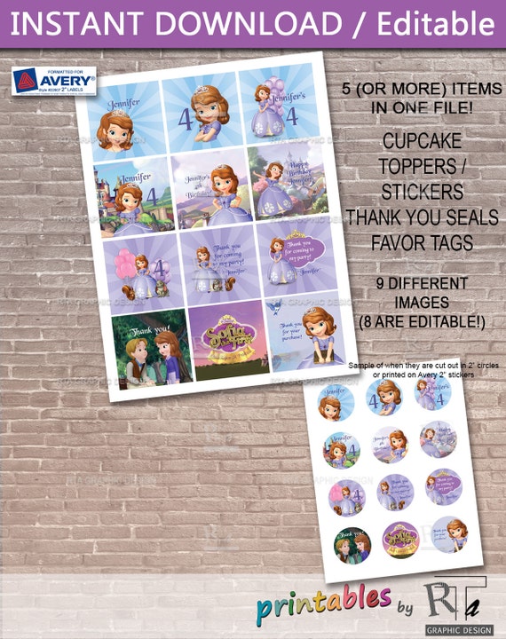Sofia the First Editable Favor Tags / Toppers / Stickers / INSTANT DOWNLOAD / Sofia Party / Cupcake toppers / Stickers / Seals / PRINTABLE