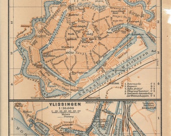 1905 Antique Map of Middelburg and Vlissingen (Flushing), Netherlands (Holland)
