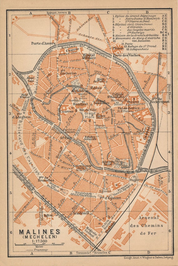 1905 Mechelen Belgium Antique Map