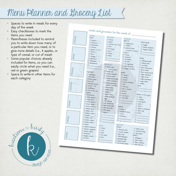 items similar to printable menu planner and grocery list on etsy