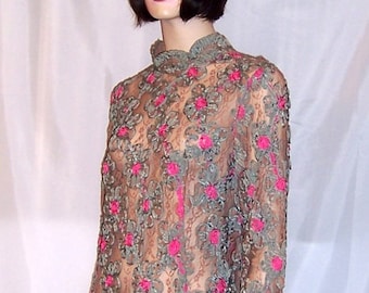 Pink and Teal Green Silk Ribbon Blouse on Mocha Lace