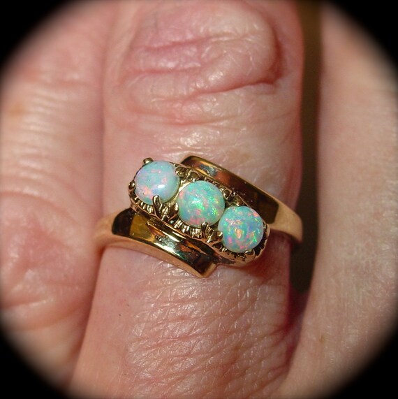White Opal ring.10K Solid Gold w/ Three Genuine by AmyKJewels