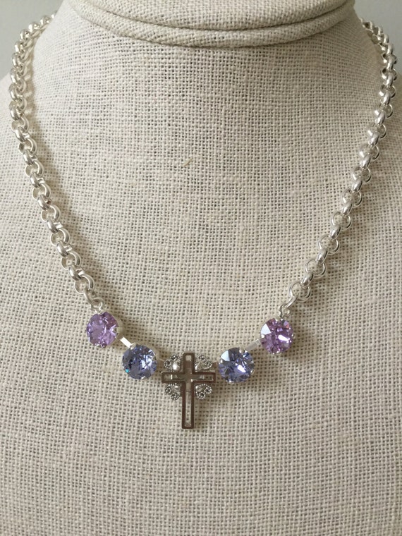 Filigree Cross Necklace with Violet & Provence Lavender Crystals
