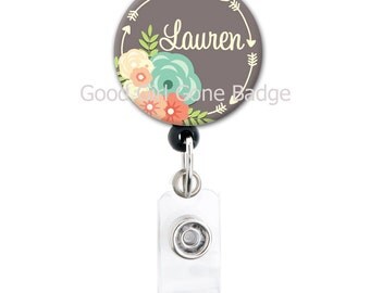Retractable ID Badge Holder - Personalized Name - Flowers and Arrows - Choice of Colors - Badge Reel / Nurse Gift / Teacher Gift / ID Tag