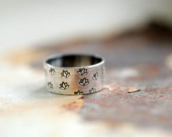 Lotus Flower Ring, Stamped Silver Ring Band, Yoga Jewelry, Meditation Ring, Zen Jewelry, Stamped Jewelry, Lotus Flower, Namaste, Breathe