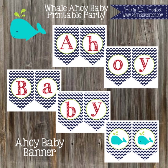 INSTANT DOWNLOAD - Ahoy Baby Navy Chevron Whale Banner - Baby Shower Il_570xn